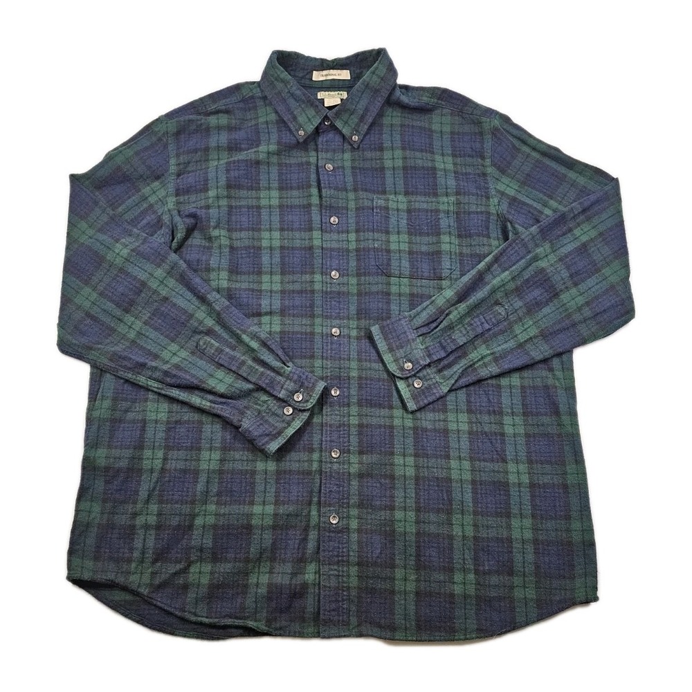 LL Bean Traditional Fit Mens XXL Tall Plaid Flannel Blue‎ Green Button Up 228066